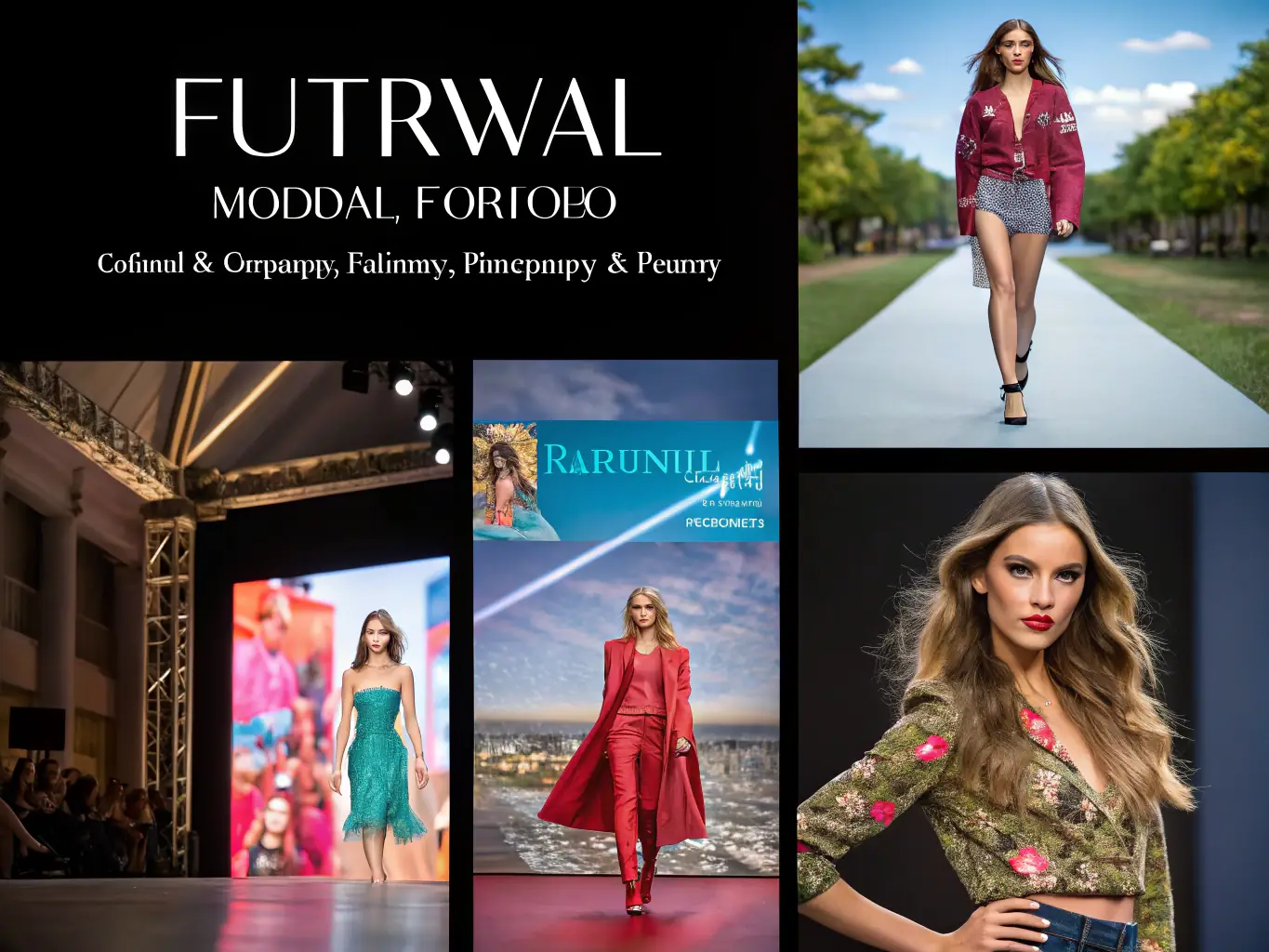 A high-quality image of a model's professional portfolio, showcasing a variety of photoshoots and campaigns. The portfolio highlights the model's versatility and range.