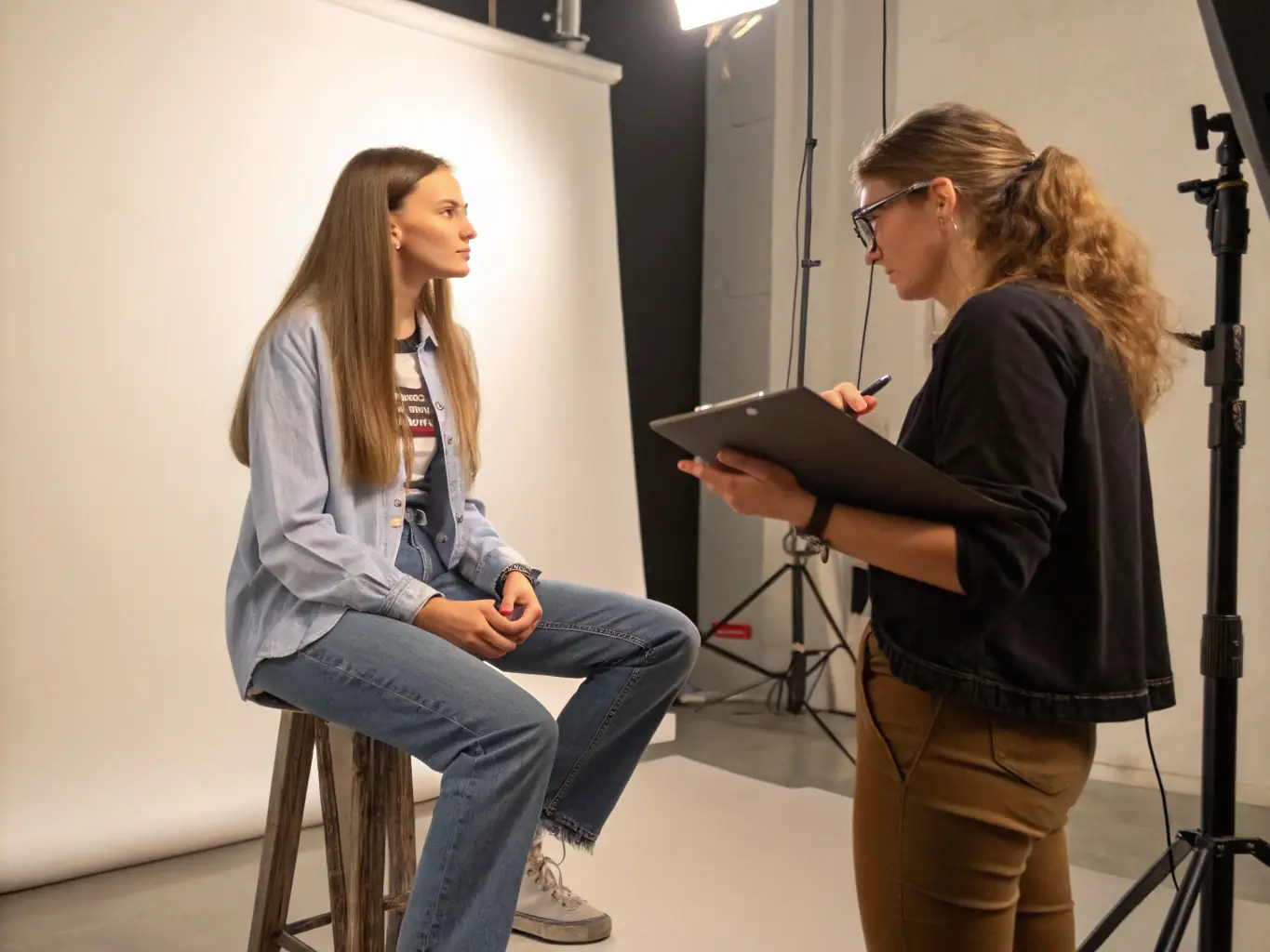 A professional photo of a model being coached by an agent in a studio setting. The agent is providing feedback on the model's posing and expression, creating a supportive and collaborative atmosphere.