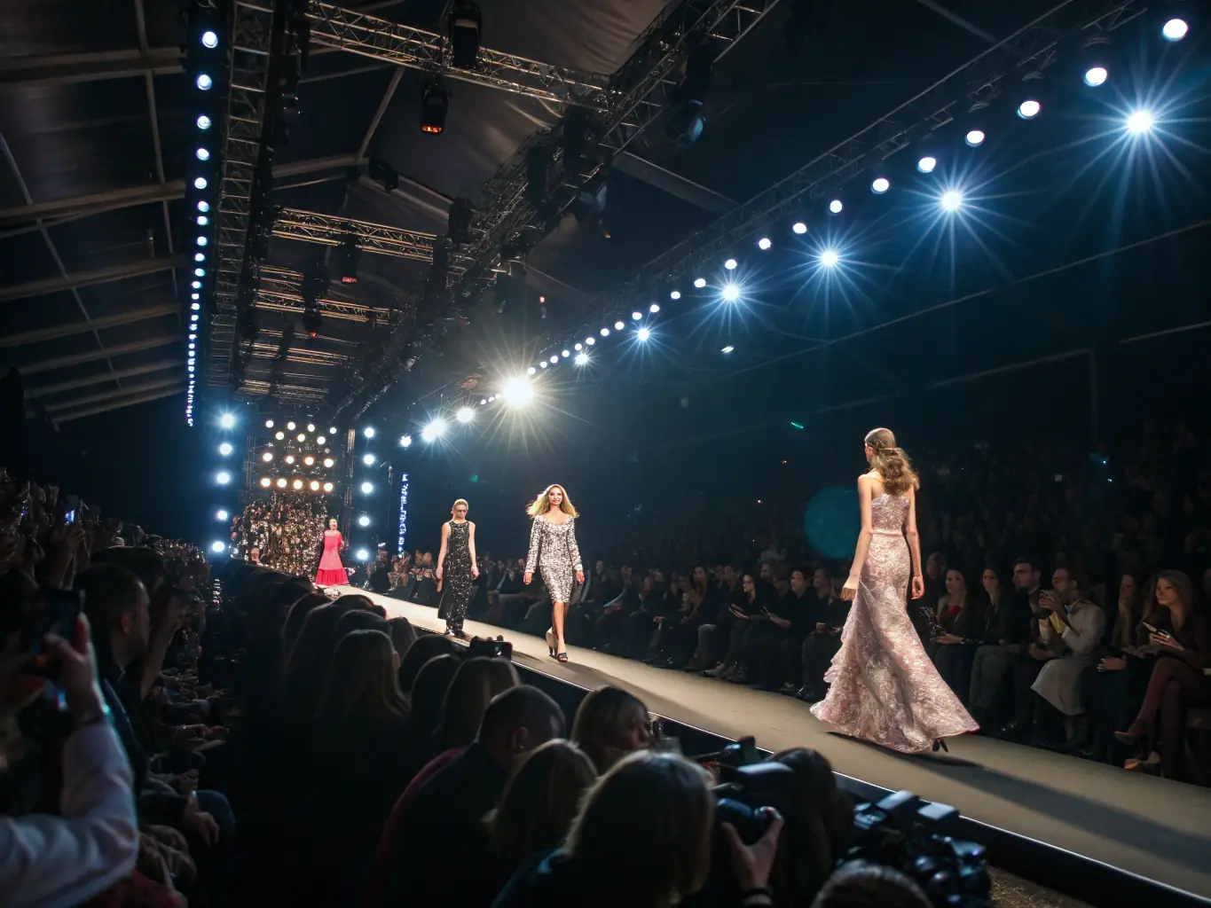 A runway scene with models walking during a fashion show. The models are showcasing the latest fashion trends, and the atmosphere is energetic and glamorous.